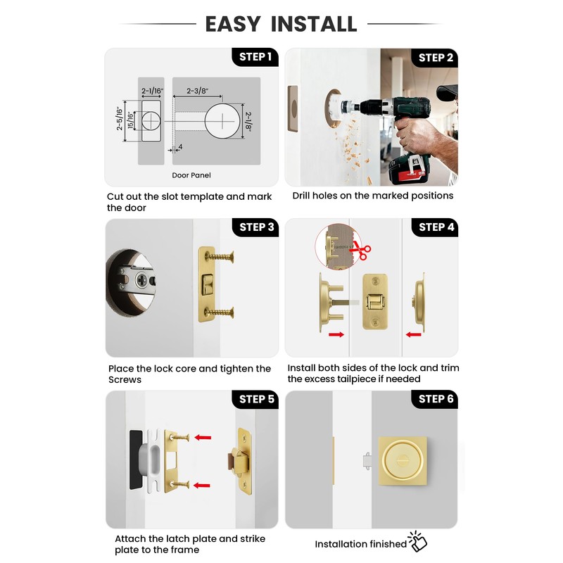 goldenwarm Brushed Gold Pocket Door Lock with Pull, Square Pocket