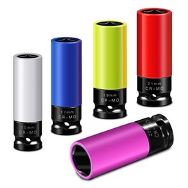 PGROUP 5PCS 1/2" Drive Wheel Protector Impact Socket, Metric(15 17 19 21 22 mm), Non-Marring Thin Wall Lug Nut Socket Set, 6 Point Color Coded for Trucks, SUVs, Cars, Chrome-Molybdenum Steel