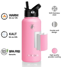 OcTecho Insulated Water Bottles 1L,Stainless Steel Water Bottle, Flasks Water Bottles with Straw, Double Vacuum Metal Water Bottles for 12h Hot & 24h Cold Drinks, 2 Leakproof Lids, BPA Free-Pink