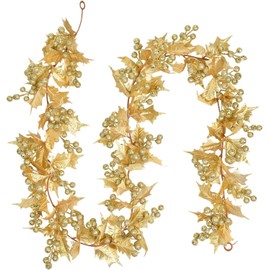 LATERN Gold Berry Christmas Garland, 175CM Flexible Artificial Berry Garland with Gold Glitter Berry and Holly Leaves for Winter Christmas Holiday New Year Fireplace Decoration