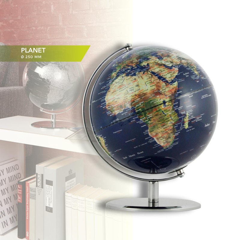 25cm Diameter Globe - PLANET - Chrome Metal Base Topographic