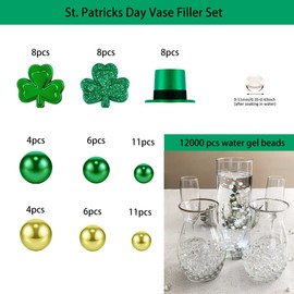 12066 PCS St. Patrick's Day Vase Filler Decorations - Gold Green Floating St. Patricks Day Pearls - Acrylic Plastic Shamrock Clover Vase Decor Filler - Water Gel Jelly Beads Balls for Vases