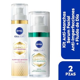 Pack Nivea Luminous 630 tratamiento antimanchas Serum Anti Imperfecciones (30 ml) Crema Facial Enriquecida Con Ácido Hialurónico, Ácido Salícílico y Extracto de Té Verde + Fluido Facial Aclarador de Piel FPS50 (40 ml) crema de día