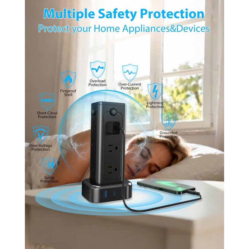 Vertical Power Strip with USB & Type-C, 12 AC Outlets