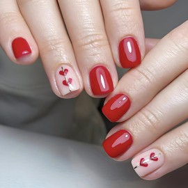 Short Square Valentines Press on Nails Small Heart Designs Glossy Finish Red Heart Glue on Nails Red Valentine Short Press on Fake Nails Cute Stick on Nails for Women Finger Manicure DIY