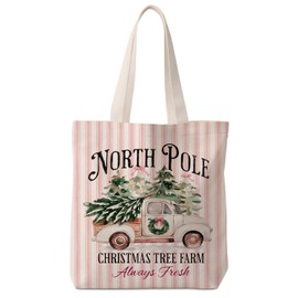 Vintage Christmas Truck Trees Tote Bag for Women,Pink Christmas Tree Farm Canvas Tote Bag,Xmas Pink Striped Winter Holiday Reusable Shopping Grocery Bags