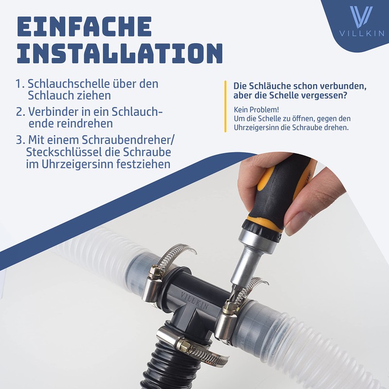 Villkin T-Hose Connector with 3 x Hose Clamps for the