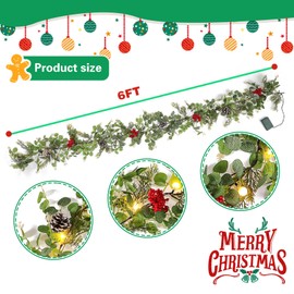 CENMORISE 6FT Cedar Garland Christmas with Pinecone Red Berry,Eucalyptus Garland Battery Operated with Timer,Prelit Garlands for Mantle Winter Holiday Fireplace Stair