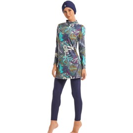 Ababalaya Fully Covered Swimsuits 3 Pieces Full Covered Burkini Swimwear with Swimming Cap, 105navy Blue, Medium
