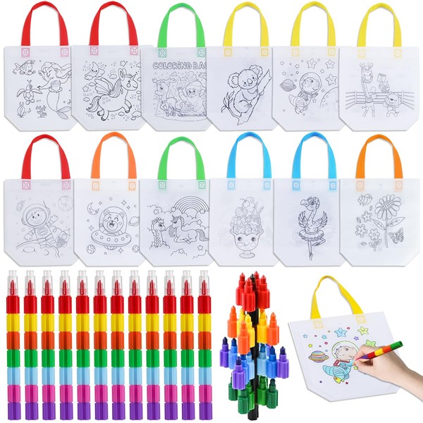 Delsen DIY Children's Fabric Bag Set, 12 Pieces Fabric Bags for Painting for Children and 12 Pieces Stackable Wax Crayons (7 Colours in 1), Non-Woven Children's Fabric Bag Set for Children's Birthday