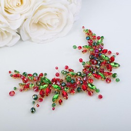 Teyglen Christmas Headband Crystal Bride Wedding Hair Vine Green Red Rhinestone Beads Headband Flower Headpiece Hair Piece Xmas Party Festival Accessories for Women Girls Gift (Gold)