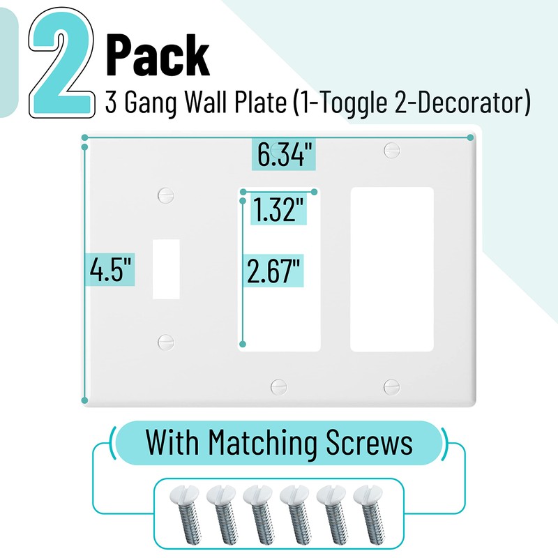 Bates- Combination Wall Plate, 2 Pack, Single Toggle/Double Decorator, White