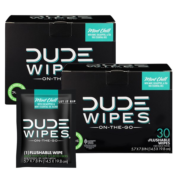 DUDE Wipes - On-The-Go Flushable Wipes - 2 Pack, 60 Wipes - Mint Chill Extra-Large Individually Wrapped Adult Wet Wipes with Eucalyptus & Tea Tree Oil - Septic and Sewer Safe