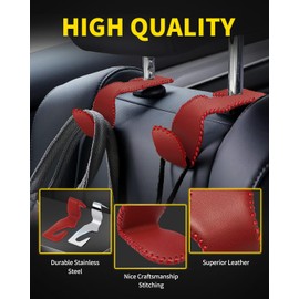 MEALAM 4 Pack Superior Leather Car Seat Headrest Hooks with 44 Pounds Load Capacity, Hangers Storage Organizer Universal Car Interior Accessories for Handbags Water Bottles Umbrellas, Red