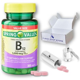 Spring Valley B12 1000 mcg-Methylcobalamin Timed Release 300 Tablets, (1) Set with Exclusive Fusion Shop Store Aluminium Keychain Case Pills (1)