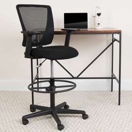 Flash Furniture Harper Ergonomic Mid-Back Mesh Drafting Chair with Black Fabric Seat, Adjustable Foot Ring and Adjustable Arms