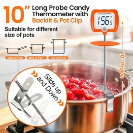 Deep Fry Thermometer - Digital Candy/Candle/Meat Thermometer with Rotatable Large Display, 10'' Long Probe, Programmable Instant Read for Oil Cooking (Orange)