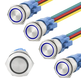 STARELO 5pcs 19mm Latching led Push Button Switch Sliver Shell, IP65 Waterproof Push Button Switch,1NO 1 NC with Wire Socket Plug,Self-Locking with LED(Blue).