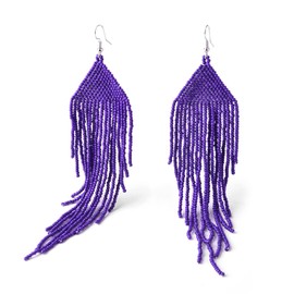 Handmade Beaded Tassel Earrings - Boho Drop Fringe Earrings for women, Native American Indian Earrings (Long Purple)