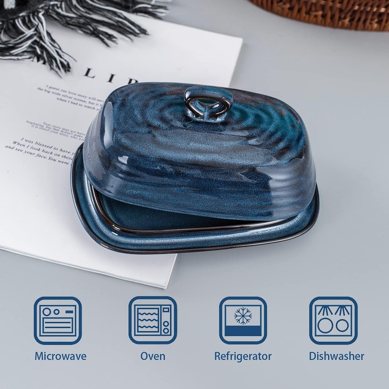 Hasense Butter Dish with Lid, Porcelain Butter Container with Handle