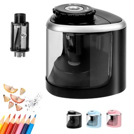 Sacapuntas con Deposito Escolar, Sacapuntas Eléctrico, Sacapuntas Automático Rápido con Cuchillas Reemplazables y Pilas, Sacapuntas para Lapices de Colores para Hogar, Oficina, Aula (Negro)