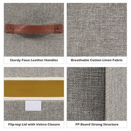 VinneGenzz 2PCS Storage Boxes with Lid Cotton Linen Fabric Storage Bins Organizer Container Decorative Collapsible Washable Shelf Closet Baskets Faux Leather Handles Home Bedroom (Gray, Small Size)