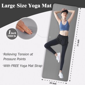Yoga Mat 1-Inch Extra Thick High-Density Exercise Mat with Non-Slip Surface & Carry Strap for Men & Women Tear-Resistant Pilates Workout Mat for Home Gym, Floor Fitness, Graphite