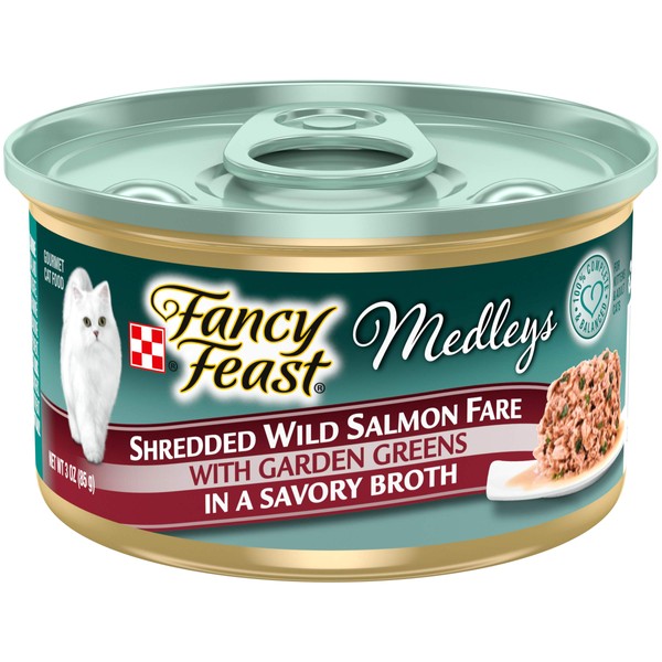 Purina Fancy Feast Broth Wet Cat Food, Medleys Shredded Wild Salmon Fare With Greens - (24) 3 oz. Cans