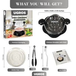 UGROS Chicken Shredder Tool Twist, Round Chicken Breast Shredder with Handles, Anti Slip Visible Meat Shredder Machine for Chicken Pork Beef, Transparent Lid Meat Grinder with Brush and Tongs