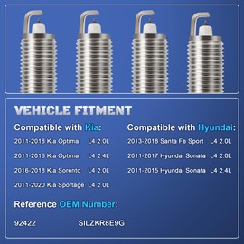 Iridium Platinum Spark Plugs 4 Pack Fits for 2011-2017 Hyundai Sonata Santa Fe Sport & Kia Optima Sportage Sorento L4 2.0L 2.4L 2011 2012 2013 2014 2015 2016 2017 2018 Replaces 92422, SILZKR8E9G