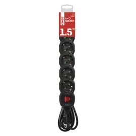 EMOS - 6-way power strip 1,5m - with switch - 6 Schuko sockets rotated 45° - 250 V, 16 A, 3680 W - PVC insulation - H05VV-F3G 1,5 mm2 - increased touch protection - IP20 for indoor use - black