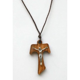 Wood Tau Cross Pendant 1-3/4" x 1-1/8" with Corpus