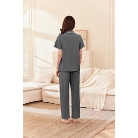 Ekouaer Women's Cotton Pajamas Set Short Sleeve Button Down Pjs 2 Piece Soft Sleepwear with Long Pants Lounge Set Grey Small