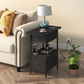 SOOWERY End Table with Charging Station, Narrow Side Table with Flip Top Cabinet and Fabric Drawer, Nightstand Bedside Tables for Small Spaces, Bedroom, Living Room, Black