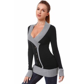 AmélieBoutik Women V Neck Faux Wrap Color Trim Sweater Tunic Top(Black Large)