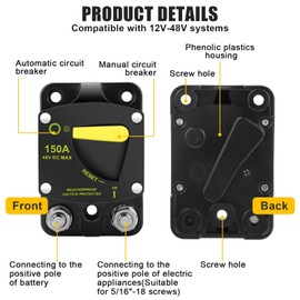 Linkstyle 150Amp Circuit Breaker W/Manual Reset Switch, for Car RV Marine Boat Truck Trolling Motors Battery Solar System