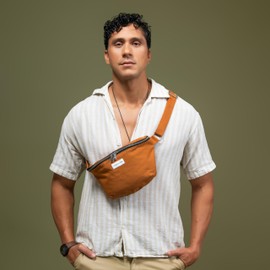 The Peacock Crew Camel Brown Fanny Pack - Cotton Waist Bag for Men & Women – Adjustable Crossbody Sling Belt Bag with Dual Zippers for Left & Right Hand Use – Casual Travel Shoulder Pouch – Nomad