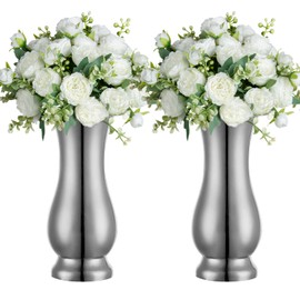 Metal Vase Centerpiece Decoration, Stainless Steel Tabletop Flower Silver Vases- Ideal for Office, Home Wedding Birthday Anniversary Ceremony Event Decor(Silver-2PCS)