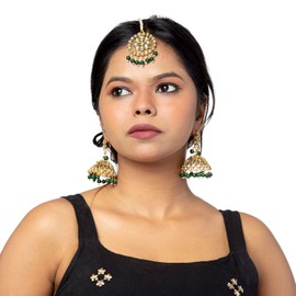 Bodha Traditional Indian Gold Plated Traditional Kundan, Pearls, Polki, Big Jhumka Earring and Maang Tikka Combo Set for Women (SJE_01_G)