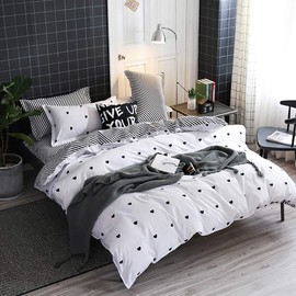 Omelas Kids Heart Love Queen Duvet Cover Set Black and White Teens Girls Lovely Heart-Shaped Pattern Striped Reversible Full/Queen Bedding Soft Breathable Quality Brushed Microfiber (3 Pcs,XD,Q)