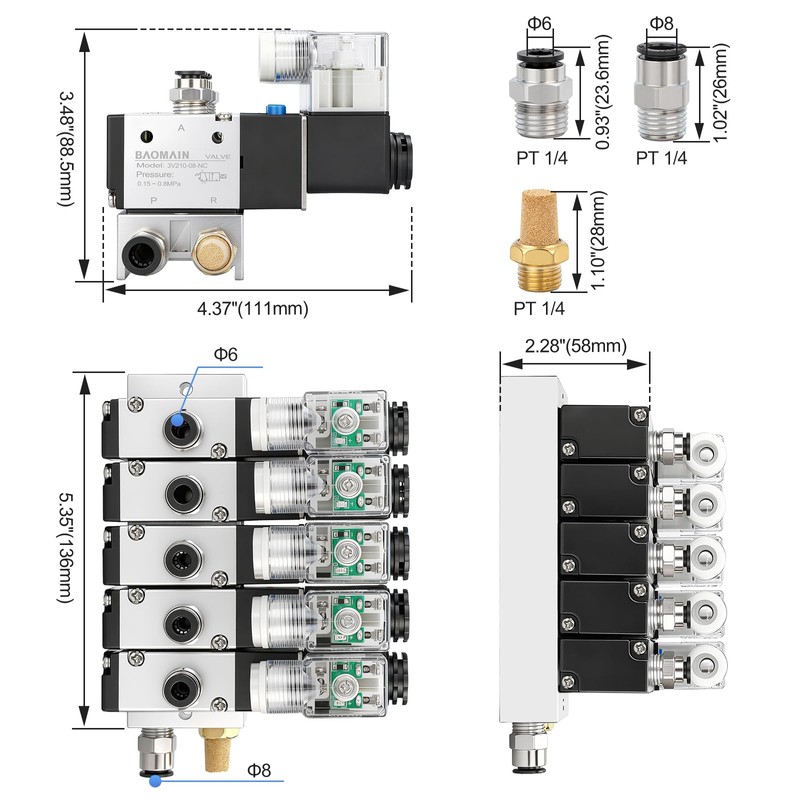 Baomain 5 Station Solenoid Valve Manifold, 12V DC 3 Way