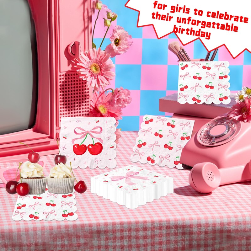 48Pcs Pink Bow Cherry Napkins,Coquette Disposable Paper Napkins for Birthday