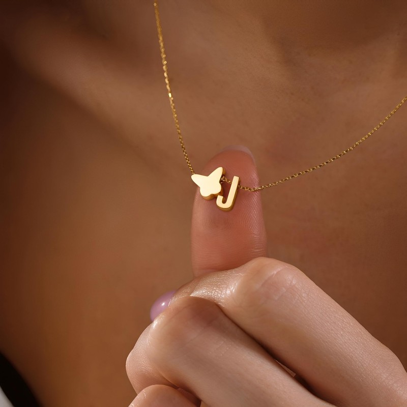 XGALBLA Dainty Initial Necklace Butterfly Pendant Necklace, 18K Gold Plated