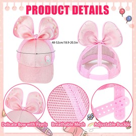 Children's Baseball Cap Sunglasses for Girls, Cartoon Baseball Cap with 3D Rabbit Ears, Mouse Ears, Large Bow Adjustable Snapback Cap, Summer Baseball Cap with Breathable Mesh Sun Hat Girls, pink
