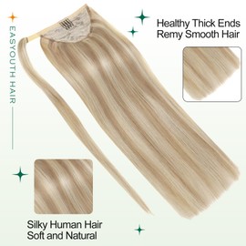 Easyouth Ponytail Extensions Human Hair Blonde Pony Tails Hair Extensions Human Hair Golden Blonde mixed Highlighted Blonde Ponytail Hair Extensions Natural Human Hair Ponytail Short 14Inch 70g