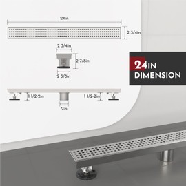 WEBANG 24 Inch Linear Shower Drain Rectangular Floor Drain with Accessories Square Hole Pattern Cover Grate Removable SUS304 Stainless Steel CUPC Certified Brushed