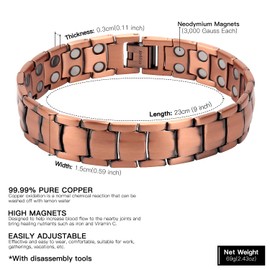 THE NORTH RING® 99.9% Pure Copper Magnetic Bracelet - 3000 Gauss Magnetic Copper Bracelets for Men - Double-Row Strong Magnets - Adjustable Length With Adjusting Tool