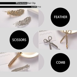 6 Pcs Rhinestone Hair Clips, Womens Crystal Bobby Pins HairPin, for Bridal Wedding Hair Accessories, Feather, Scissors, Comb Design, Gold and Silvery