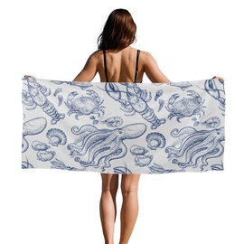 YLZlhb Coastal Beach Towel, Ocean Sea Life Octopus Crab Lobster Seashell Oversized Bath Swim Pool Towels for Bathroom Swimming Pool Travel Camping Picnic, Coastal Beach Bathroom Decor, 30x60 Inches