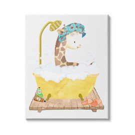 Stupell Industries Children's Giraffe Animal Bubble Bath Yellow Bathroom Wall Art, Gallery Wrapped Canvas, White